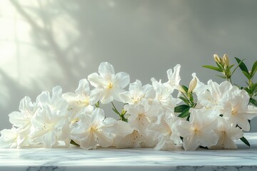 White Azalea Flowers on Marble Table with Sunlight Shadows azalea marble table sunlight rhododendron