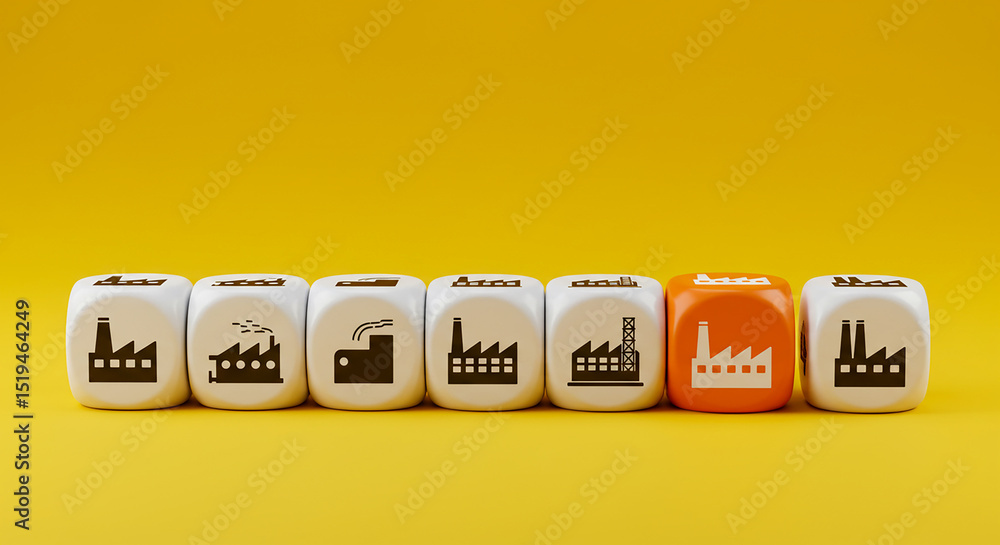 Poster a row of dice with factory icons on a yellow background with one orange die in the middle row