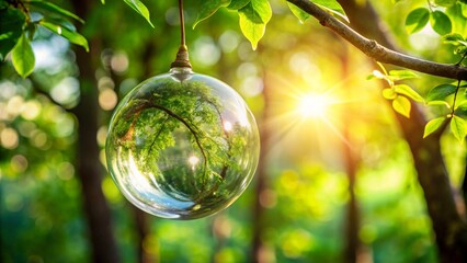 Green leaves on a tree in the sun reflect a crystal globe, embodying the essence of nature and a vibrant, green environment