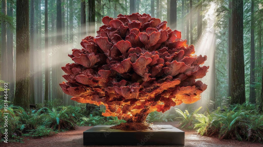 Poster a vibrant coral-like sculpture stands in a serene forest, highlighted by soft sunlight filtering thr