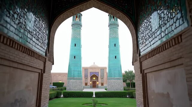 Amir Chakhmagh Complex in Yazd Iran Featuring Turquoise Towers Intricate Tile Work And Archways With Central Lawn