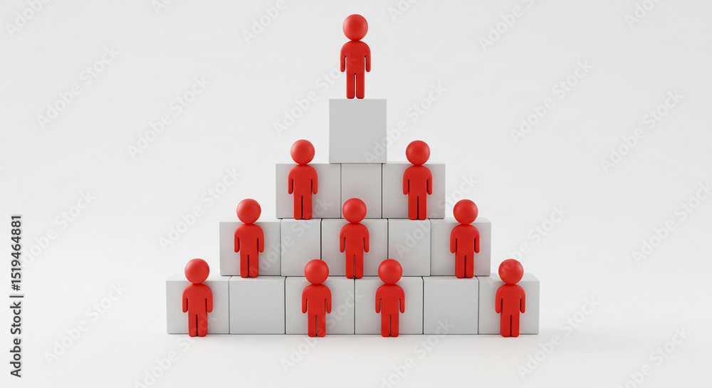 Poster red figures on white blocks arranged in a pyramid structure against a plain white background scene