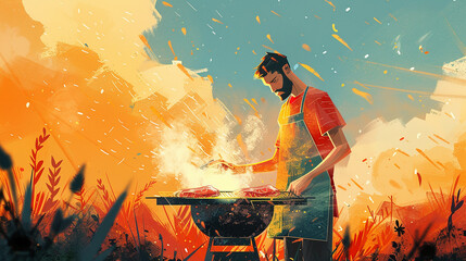 Man Grilling Outdoors: Sunny Day Stock Photo for Creative Projects., Man Grilling Outdoors: Sunny Day BBQ Illustration Stock Photo for Creative Projects.