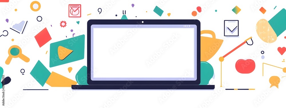 Poster a laptop with a white screen surrounded by colorful tech icons and symbols representing digital mark