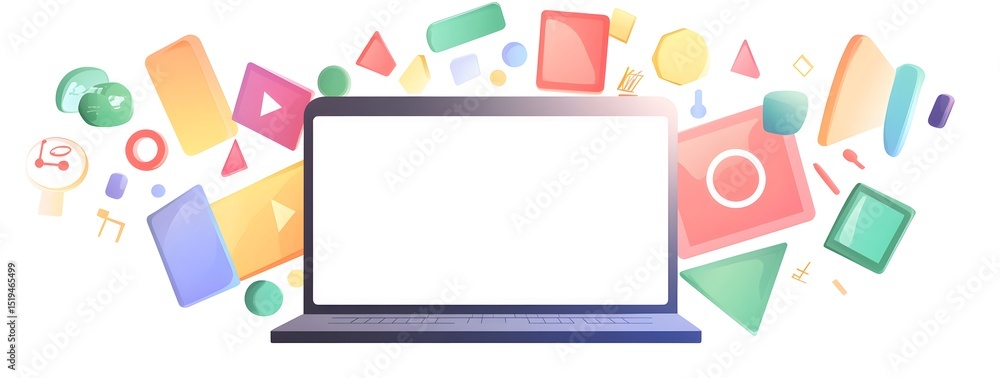 Poster a laptop with a white screen surrounded by colorful tech icons and symbols representing digital mark