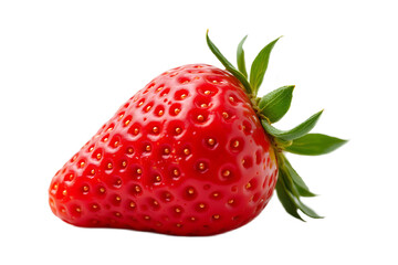 A red strawberry with a green leaf on top. The strawberry is ripe and ready to eat. The image has a fresh and healthy vibe