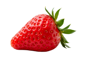 A red strawberry with a green leaf on top. The strawberry is ripe and ready to eat. The image has a fresh and healthy vibe