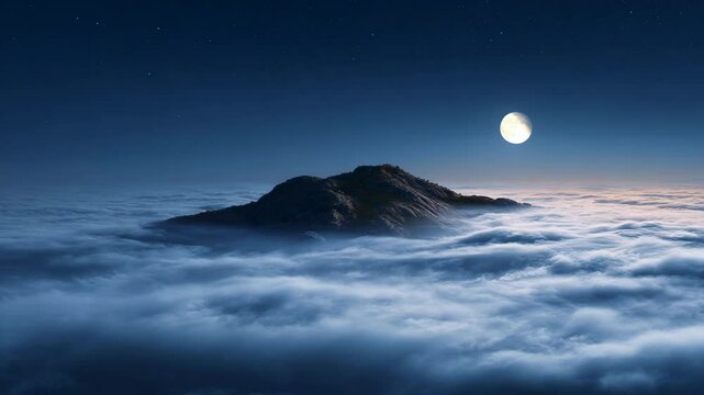 Night scene of a solitary mountain peak emerging from a sea of clouds under a bright moon and starry sky. Dark, cool tones dominate, with the moon providing the primary light source.