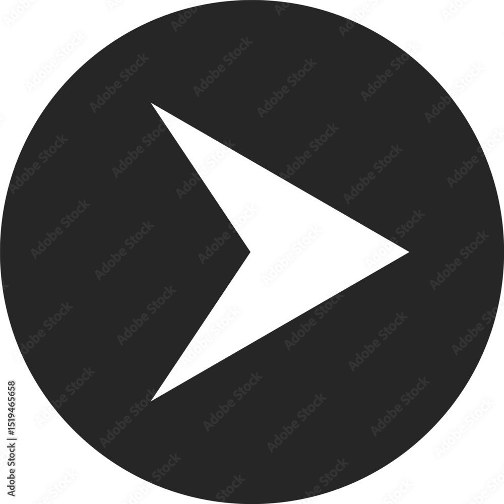 Poster white arrow pointing right in black circle indicating direction, simple vector icon for web and grap