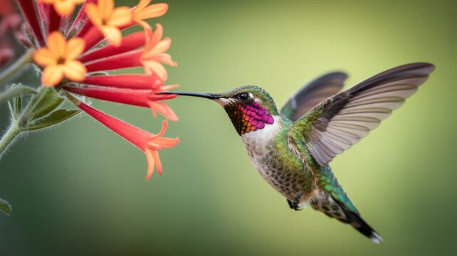 Vibrant hummingbird with iridescent green feathers and ruby throat hovering near orange-red tubular flowers. The detailed close-up captures its wings in motion while feeding on nectar.