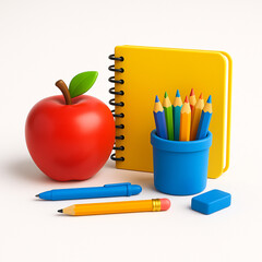 Back to school essentials  3d apple and school supplies whait background