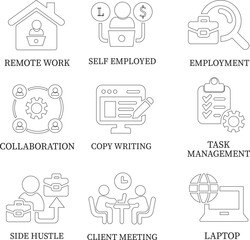 Freelance line art icon set.Freelance & Productivity Icons A Clean and Stylish Collection.Containing work online, freelancer, home office, client meeting, self-employed, graphic designer and more.