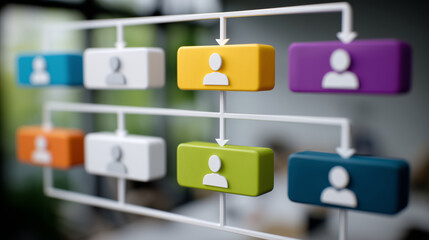 A visually dynamic tree-style organizational chart with flat-style, multicolored employee icons grouped by function, arrows showing cross-functional collaboration, set on a minimal