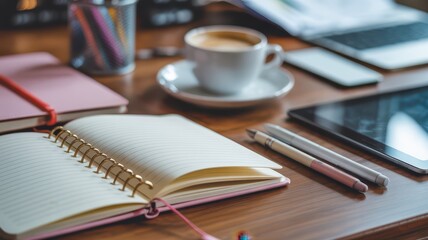 Stylish wooden desk with open notebook, pens, coffee cup, tablet and laptop. The organized workspace creates an inspiring atmosphere for creativity, planning, and productivity.