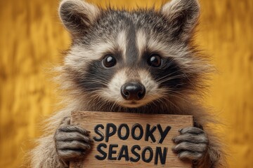 A quirky raccoon in Halloween mask holding a "Spooky Season" board on a neon yellow canvas.
