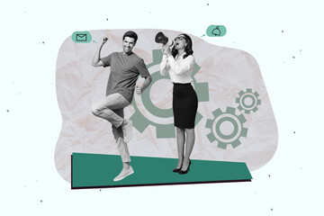 Zine banner full photo collage of happy businesswoman businessman receive promotion gearwheel...