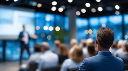 Blurred photo of sleek conference room filled with professionals, spotlighted speaker gestures near large digital screen, audience listens attentively, corporate training ambiance