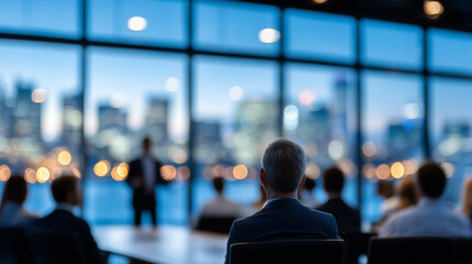 Abstract blur of modern office seminar, light streaming through glass windows, silhouettes of employees seated in rows, presenter mid-motion in front of projected slide