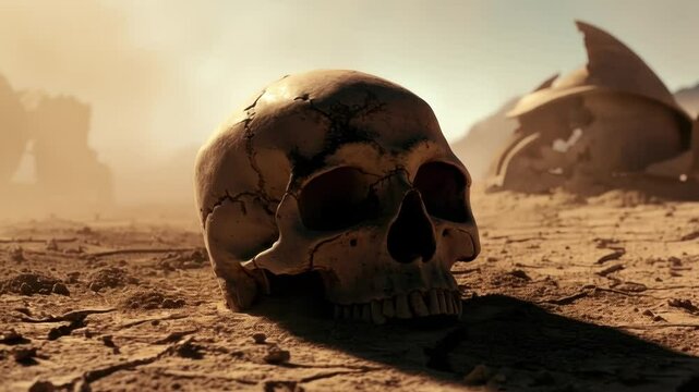 Human Skull on Dry Desert Ground cinematic, post apocalyptic