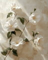 Elegant White Camellias on Textured Background with Sunlight and Shadows sunlight elegant camellia
