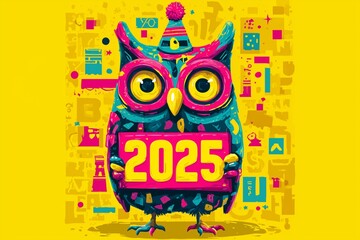 A funky owl in New Year's Eve hat holding a "2025" countdown board on a neon yellow space.