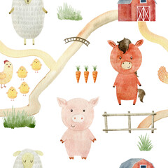 Watercolor pattern with farm animals.