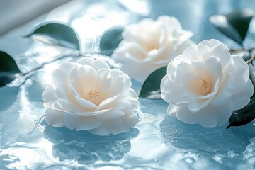 Peaceful White Camellias on Reflective Blue Water water peaceful white flower floral bloom nature