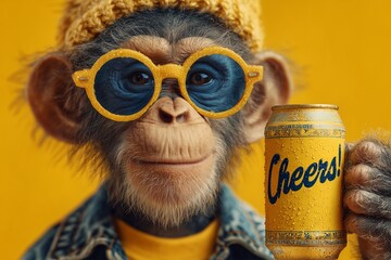 A playful monkey in New Year's glasses holding a "Cheers!" sign on a bright yellow space.