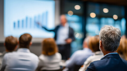 Fuzzy photo of collaborative corporate meeting, diverse team members visible in profile, presenter pointing at chart, air of productivity and learning