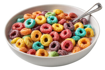 Rainbow cereal in bowl with milk isolated on transparent background