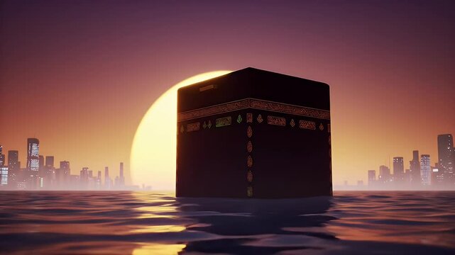 Black Kaaba Structure Floating on Water Surface with City Skyline at Sunset in Mecca Saudi Arabia Islamic Symbol For Islamic Events