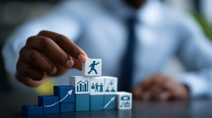 Human resource manager constructs a career ladder from block pieces, each labeled with career stages, emphasizing employee growth and internal recruitment