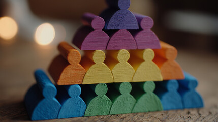 Overhead shot of wooden pyramid formed from human-shaped pegs on desk, each level color-coded for hierarchy, HR and succession planning concept