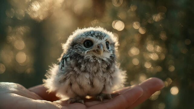 Adorable owlet perched on a human hand, bathed in warm, golden sunlight. Soft bokeh background of green and yellow hues. Close up shot.