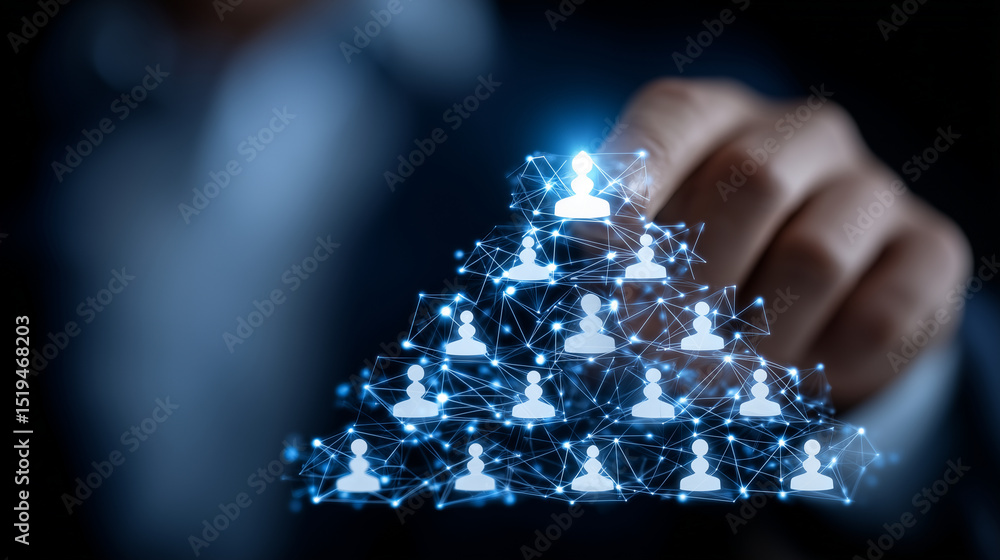 Aufkleber side angle view of leader stacking final piece to symbolic pyramid made of team icons, glowing netwo