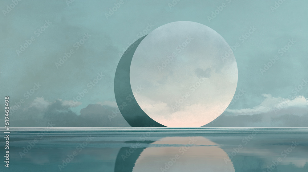 Poster perfect circular form floats serenely above reflective surface with subtle shadows