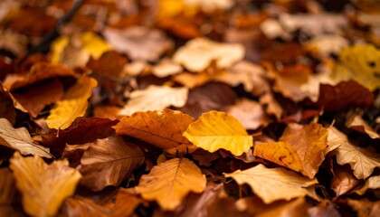 Colorful Autumn Leaves Blanket the Forest Floor in Vibrant Hues of Orange, Brown, and Yellow During a Crisp Fall Day