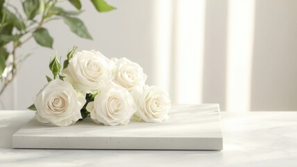 Elegant White Roses Bouquet on Marble Slab with Sunlight Shadows roses bouquet marble elegant floral