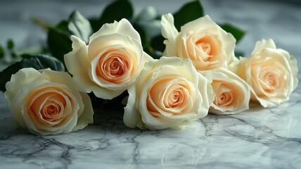 Elegant Soft Peach Roses Bouquet on Marble Surface roses bouquet marble elegant surface flowers love