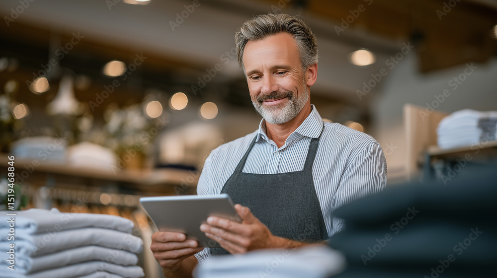 Poster side view of store manager with well-groomed beard scrolling through inventory data on tablet near c