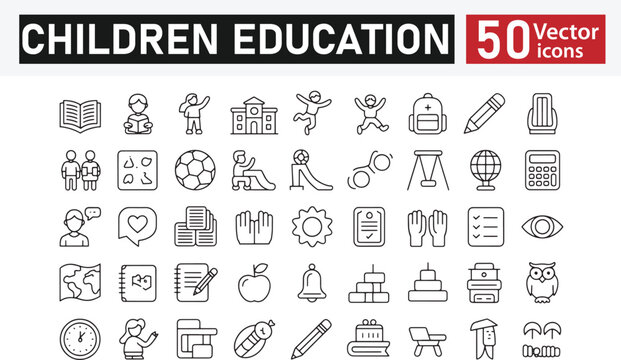 Collection of 50 line icons related to children's education, child development, kids' activities, early learning, child skills, schools, and kindergartens. Vector illustration