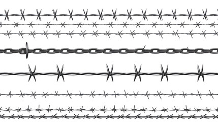 Razor wire silhouettes. Barbed wire metallic border elements, sharply barb wire fencing vector symbols set. Prison barbed wire