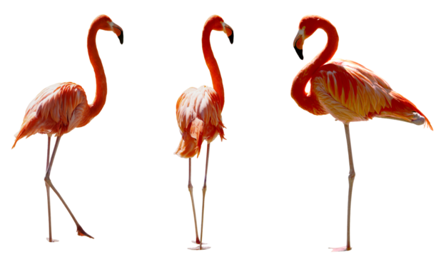 A stunning collection of red flamingos (Phoenicopterus ruber) standing in water, white background