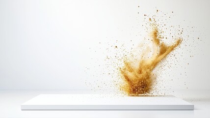 Dynamic Gold Powder Explosion on White Background powder explosion golden dust brown particles clean