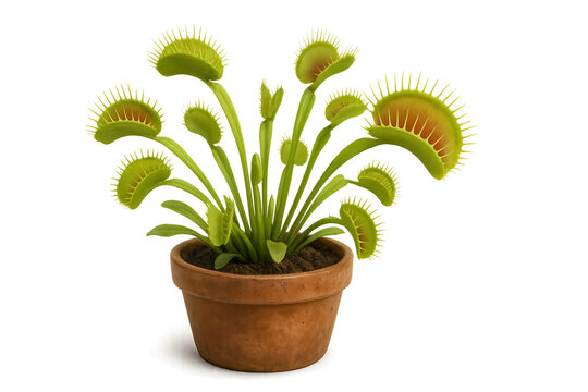 Venus flytrap growing in terracotta pot with transparent background
