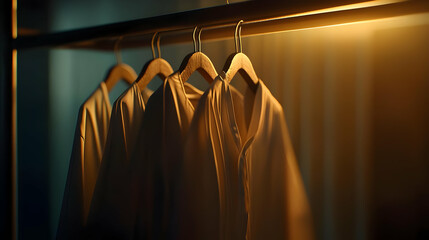 Soft Warm Lighting On Three White Shirts Hanging On Wooden Hangers