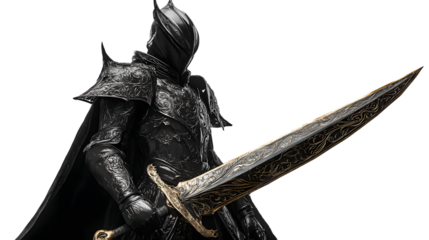 Majestic knight in black armor with intricate broadsword