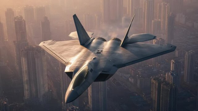 F-22 Raptor Dominating the Skies Above a Modern Metropolis Cityscape Aerial View