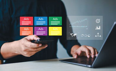 Advertising and digital marketing analytics concept. Businessman using laptop with advertising dashboard. Digital marketing strategy analysis for branding, online advertising, website.