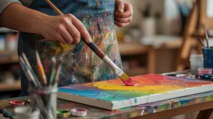 Obraz premium Close-up of a painter's hand applying bright red paint to a colorful abstract canvas. The studio workspace reveals a palette of swirling colors capturing the creative process in action.